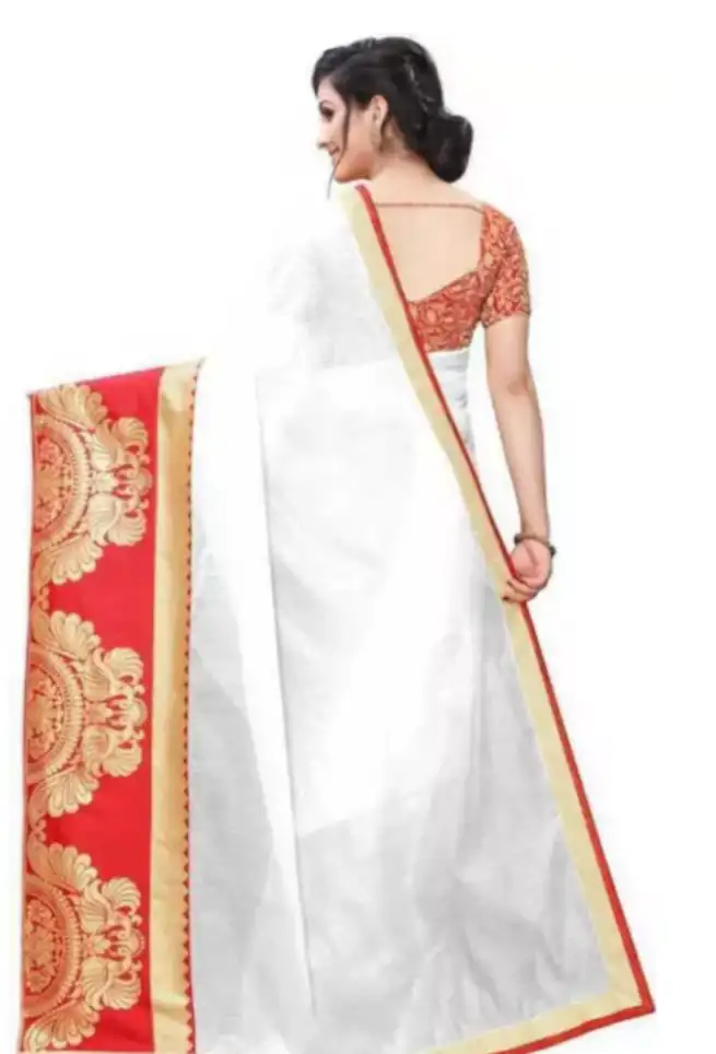 Buy White Saree Red Floral Golden Work Border Online | trendwati