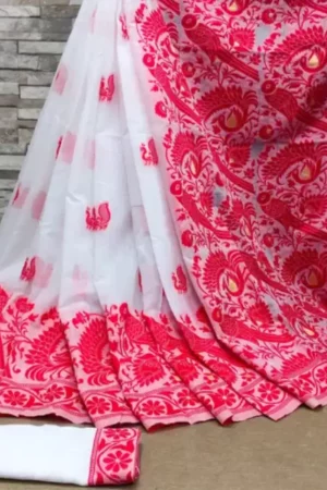 Buy White Saree Red Floral Motif Work Border Online