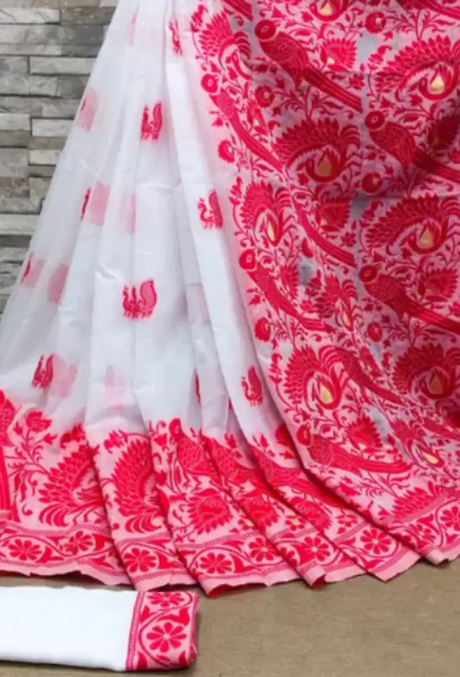 Buy White Saree Red Floral Motif Work Border Online
