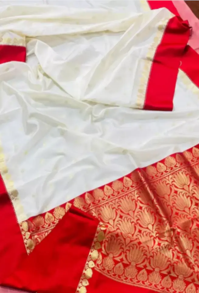 Buy White Saree Red Golden Floral Border Work Online