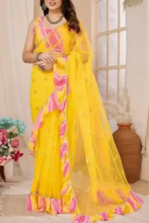 Yellow Pink Ruffle Saree