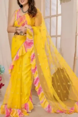 Yellow Pink Ruffle Saree