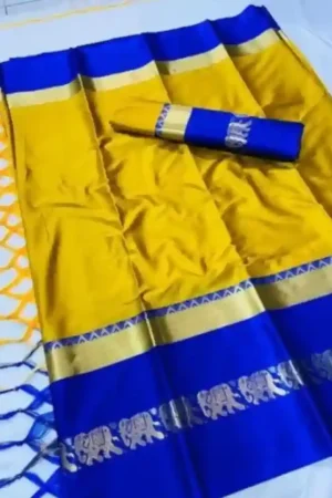 Mustard Yellow Plain Silk Saree Blue Border Elephants Motif Work