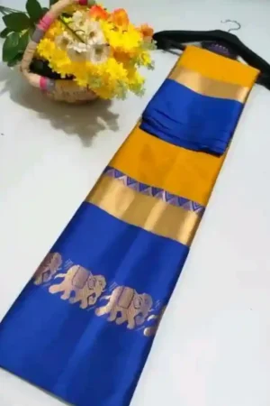 Mustard Yellow Plain Silk Saree Blue Border Elephants Motif Work