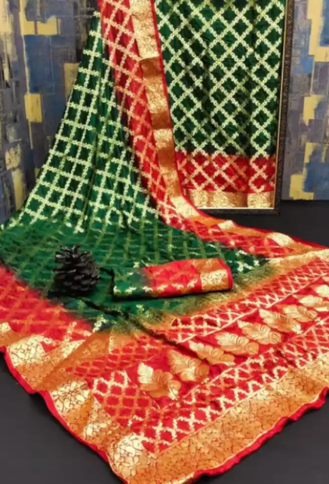 Green Red Silk Bandhani Patola Saree Golden Zari Work