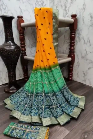 Mustard Yellow Green Bandhani Patola Saree Work