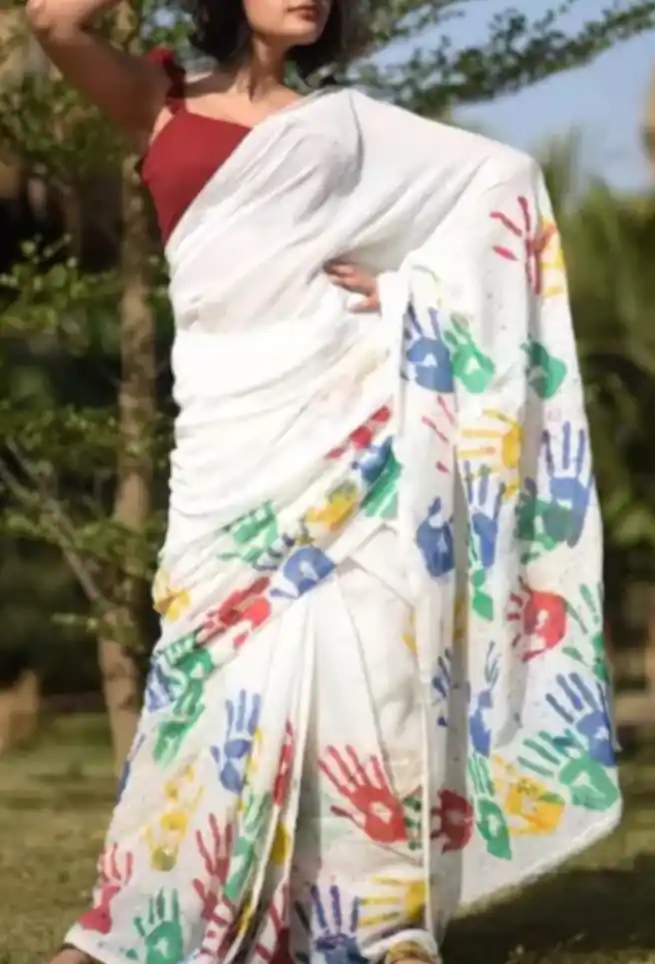 White Silk Saree Colourful Hand Printed Design