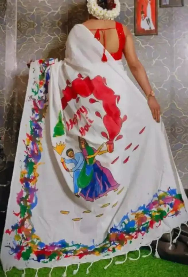 White Silk Saree Happy Holi Printed Design