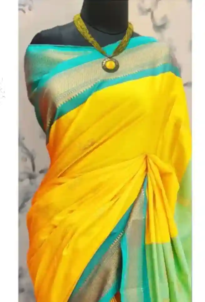 Lemon Plain Yellow Silk Saree Cyan Blue Border