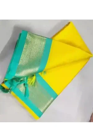 Lemon Plain Yellow Silk Saree Cyan Blue Border