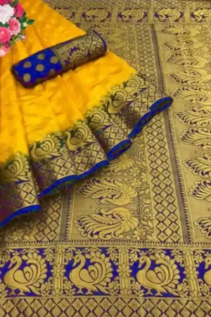 Lemon Yellow Butta Silk Saree Blue Border Golden Embroidered Peacock Work