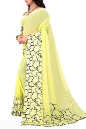 Lemon Yellow Satin Saree Black Floral Border