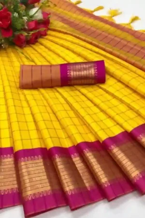 Lemon Yellow Silk Saree Checked Pink Border