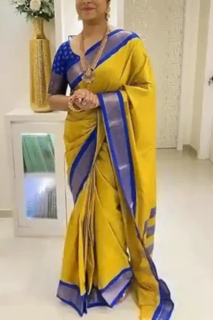 Mustard Plain Yellow Silk Saree Blue Border