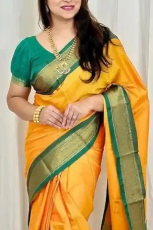 Mustard Plain Yellow Silk Saree Green Border