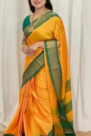 Mustard Plain Yellow Silk Saree Green Border