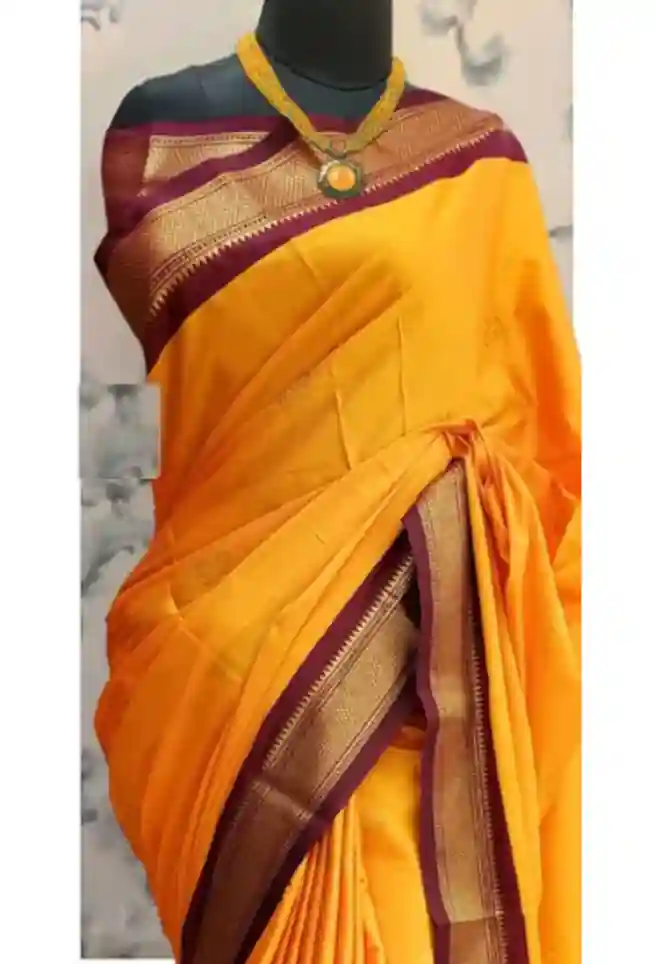 Mustard Plain Yellow Silk Saree Red Border