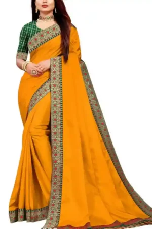 Mustard Yellow Silk Saree Green Lace Border