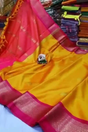 Mustard Yellow Silk Saree Pink Border