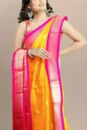 Mustard Yellow Silk Saree Pink Border