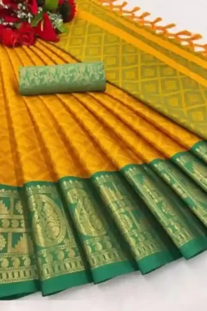 Mustard Yellow Silk Saree Sea Green Butti Border