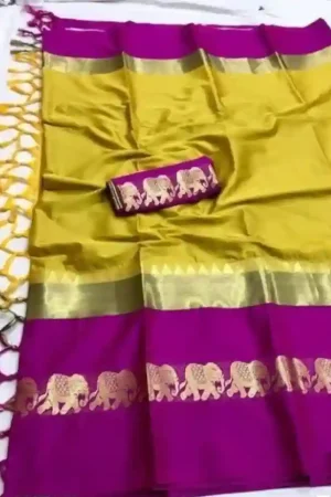 Yellowish Green Silk Saree Golden Elephant Pink Border